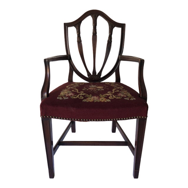 Vintage Mahogany Arm Chair Needlepoint Upholstery For Sale