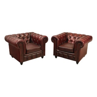 Chesterfield Style Pair of Oxford Red Leather Club Chairs For Sale