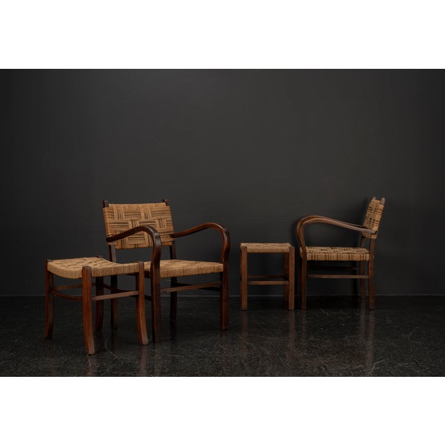 Black Set of Scandinavian Chair and Ottoman attributed to Axel Larsson for Bodafors, Sweden, 1930s, Set of 4 For Sale - Image 8 of 18