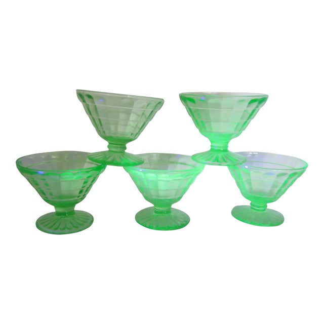 Vaseline Uranium Green Glass Set of 5 Dessert Ice Cream Cups For Sale