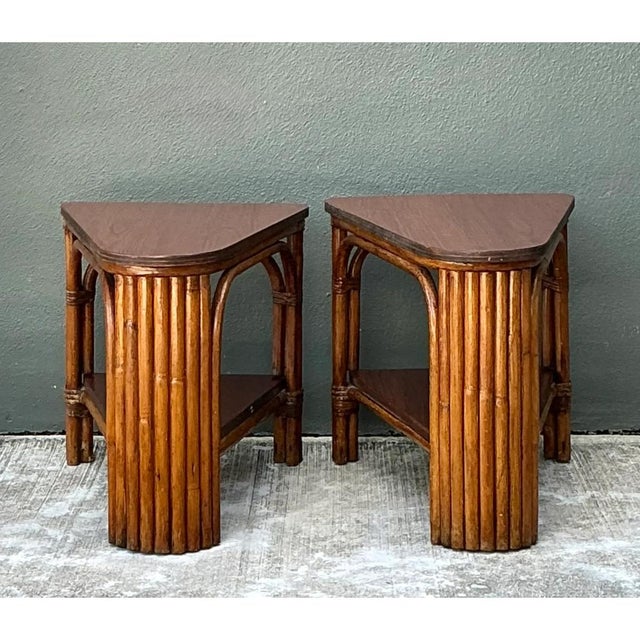 Vintage Rattan Pie Slice Side Tables After Frankl For Sale - Image 4 of 15