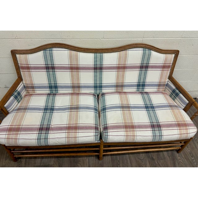 Ficks Reed Vintage Isenhour Furniture MCM Ficks Reed Style Rattan Camelback Sofa For Sale - Image 4 of 14