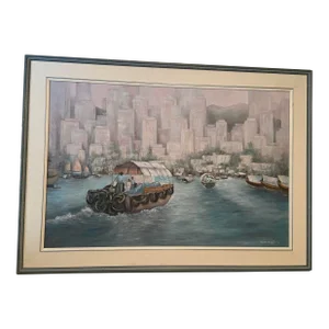 20th Century Asian Hong Kong Seascape Boat Oil Painting on Canvas, Framed