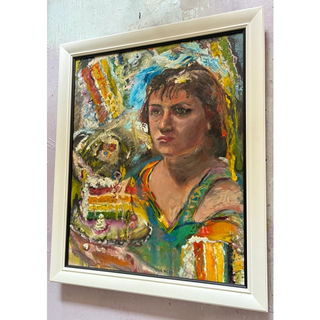 Asparagus “Girl With Cake", Original Abstract Oil Painting, by Van Ness For Sale - Image 8 of 11