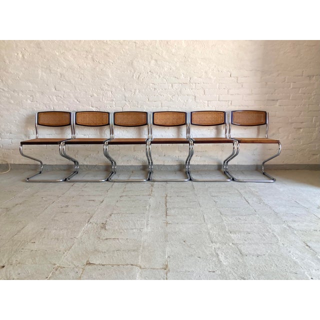 Vintage Cantilever Chairs with Vienna Straw, 1970s, Set of 6, in Restored conditions. Designed 1970 to 1979