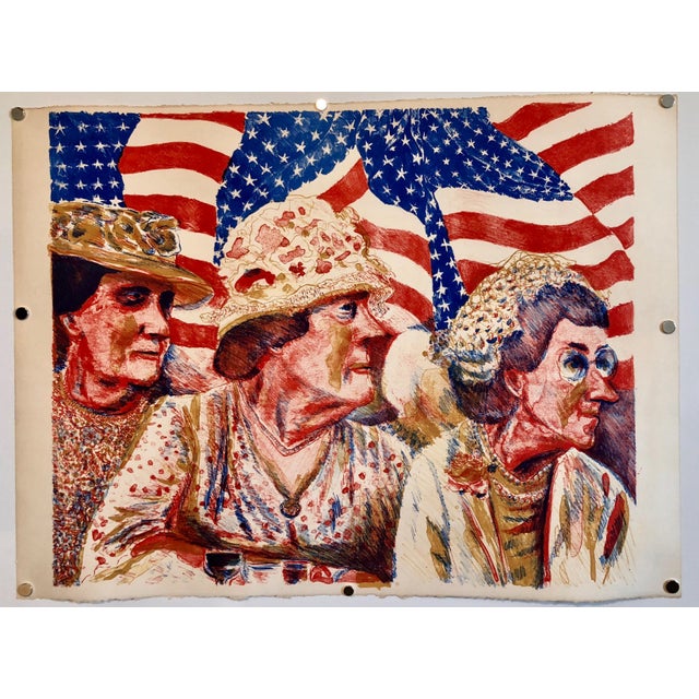 Sid Chafetz, Ohio Art Modern Americana Patriotic Lithograph American Flag Attentive Patriots For Sale