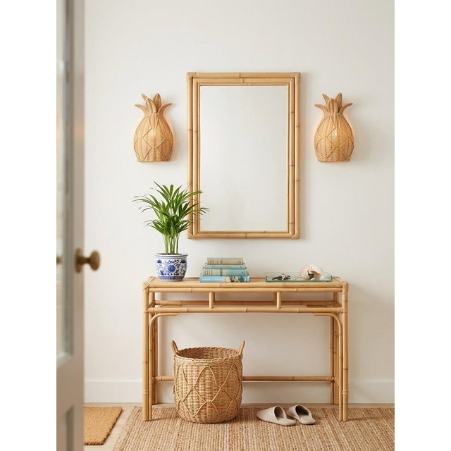 2000 - 2009 Pair of Vintage Palm Beach Style Woven Rattan Pineapple Wall Sconces For Sale - Image 5 of 11