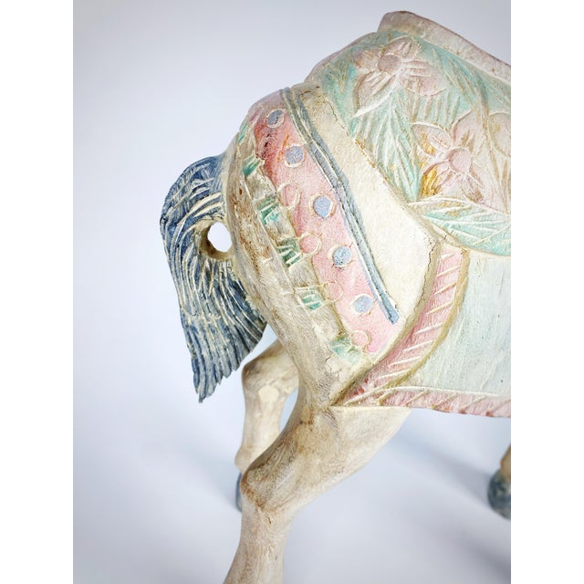 Large Vintage Balinese Carved Wood Horse Sculpture – 21″ Pastel Saddle Decor For Sale - Image 4 of 12