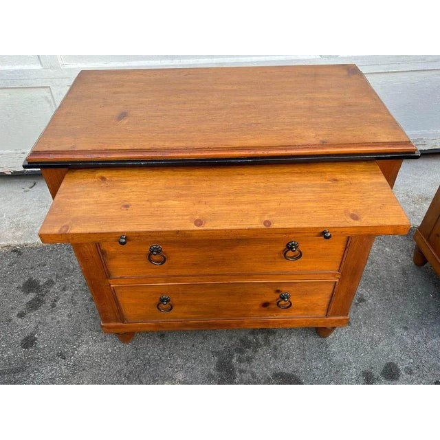 Wood Mid 20th Century Pair Milling Road By Baker Parcel Ebonized and Stained Pine Three Drawers Side Chests. For Sale - Image 7 of 11