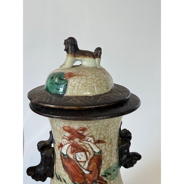 Late 19th Century Set of 3 Chinese Warrior Garniture Urns With Lids For Sale - Image 11 of 12