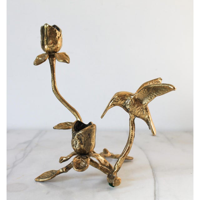 Vintage 1990s brass floral and hummingbird candle holder featuring a sculpted bird and rosebud candle sockets. No makers...
