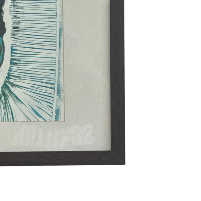 1970s Framed Contemporary Figurative Portrait Print in Blue and Green. For Sale In Seattle - Image 6 of 10