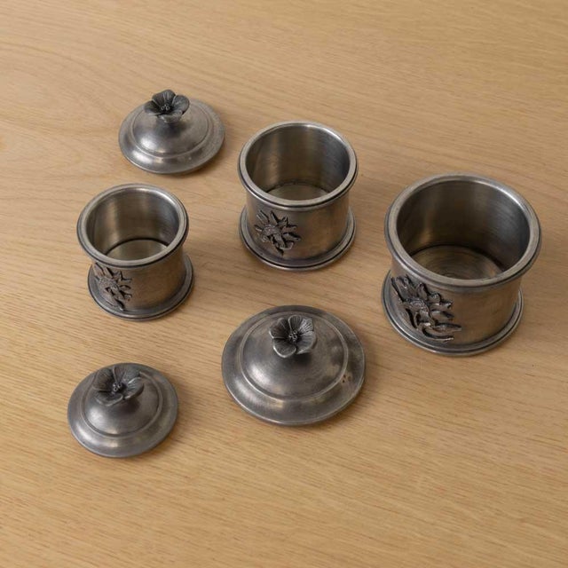Metal 1930s French Pewter Floral Canisters, Set of 3 For Sale - Image 7 of 15