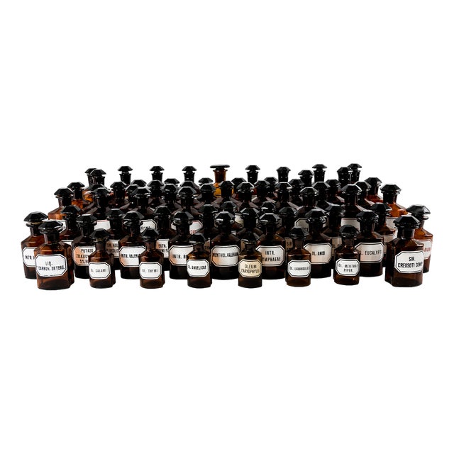 Vintage Amber Pharmacy Bottles, 1960, Set of 67 For Sale