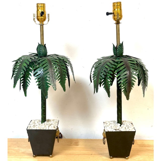 Pair of Hollywood Regency Polychromed Tole Palm Tree Topiary Lamps, Circa 1970s For Sale - Image 4 of 14