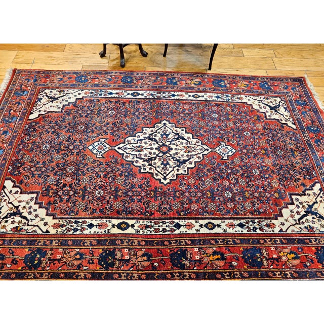 1900 - 1909 Vintage Bidjar Rug, Hand-Knotted Wool, Herati Geometric Pattern, Red & Ivory, 5x8 For Sale - Image 5 of 16