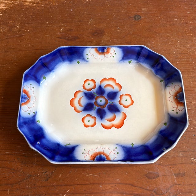 Antique Gaudy Welsh Crescent Pinwheel Flow Blue Small Platter, Circa 1840s For Sale - Image 11 of 12