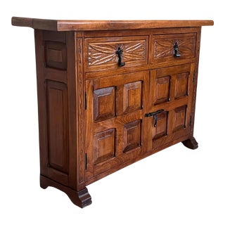 19th Spanish Narrow Baroque Carved Walnut Tuscan Two Drawer Credenza or Buffet For Sale