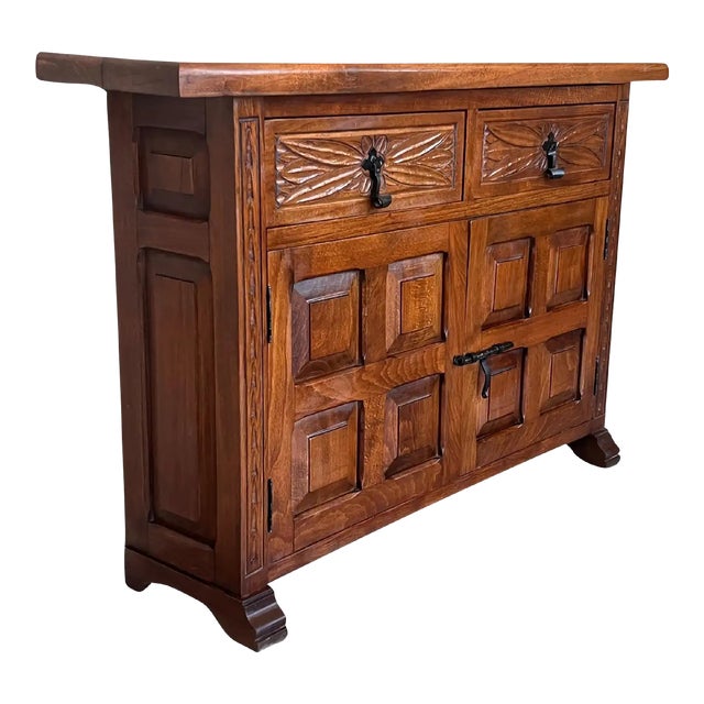 19th Spanish Narrow Baroque Carved Walnut Tuscan Two Drawer Credenza or Buffet For Sale
