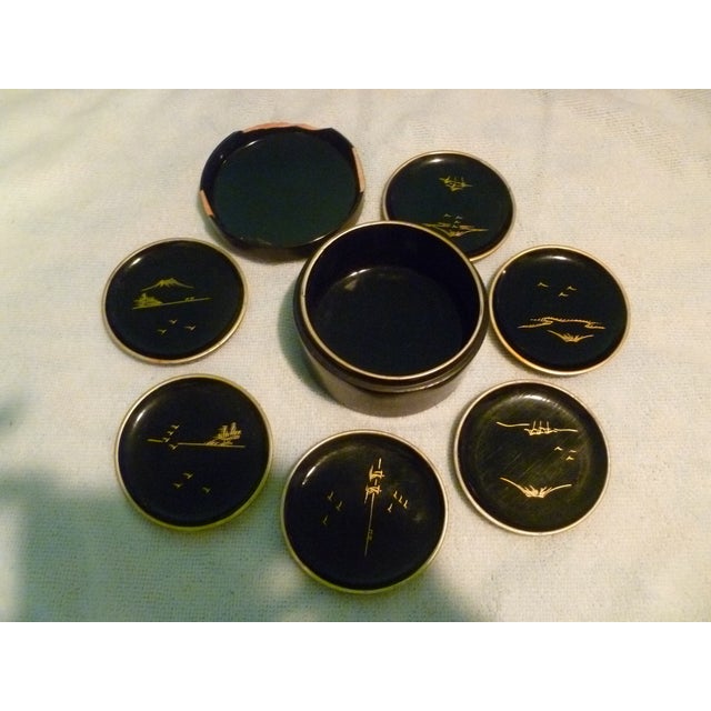 Vintage MidCentury Japanese Lacquer Coasters Gold Inlay Set of 6 Post