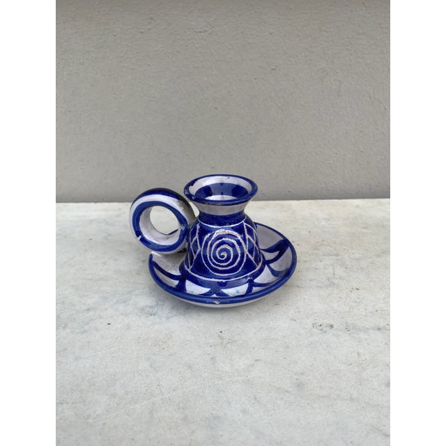 Small mid-century blue & white candlestick Robert Picault Vallauris.