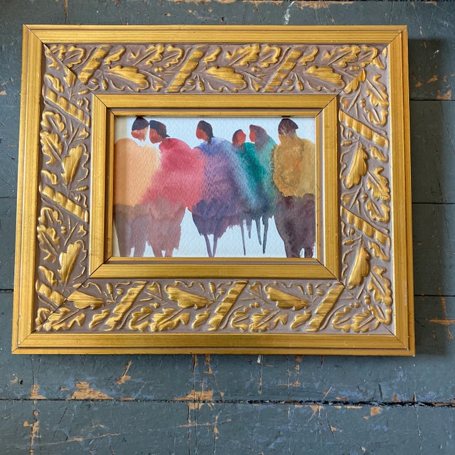 1970’s Original Vintage Abstract Figure Line Up Watercolor Painting Chunky Gold Frame For Sale - Image 4 of 4