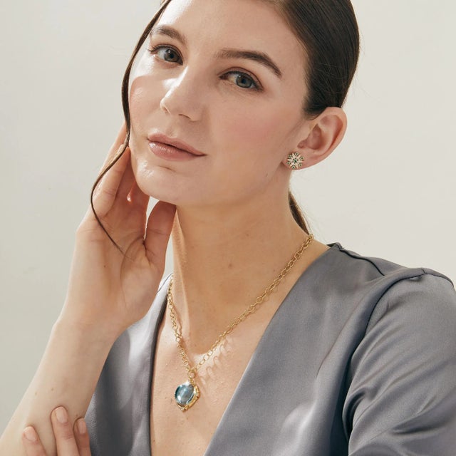 Contemporary Syna Yellow Gold Blue Topaz Pendant with Diamonds For Sale - Image 3 of 4