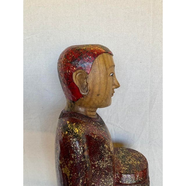 Ruby Red Vintage Buddha Buddhist Carved Wood Burmese Thai Monk Statue For Sale - Image 8 of 16