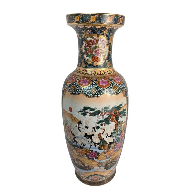 Late 20th Century Japanese Satsuma Style Tall Porcelain Vase – With Cranes, Peonies, Gilt Detail & Famille Noir Palette For Sale - Image 13 of 13