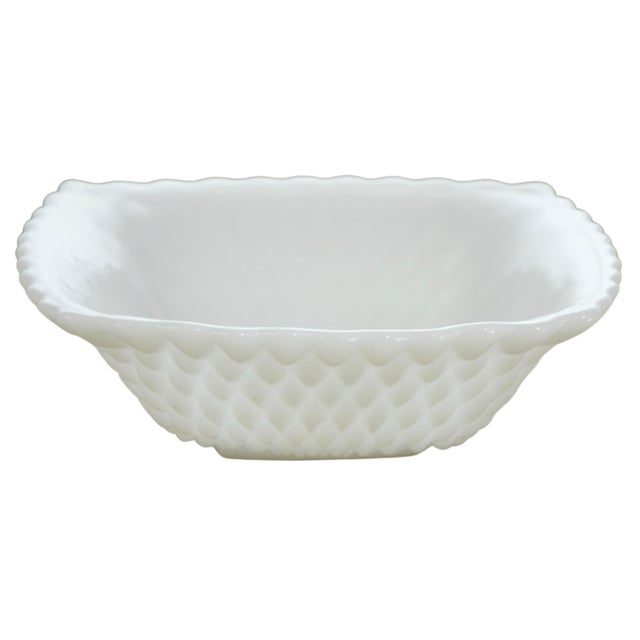 Bright white vintage diamond hobnail square bowl with scallop rim. There are two available. No maker's mark.