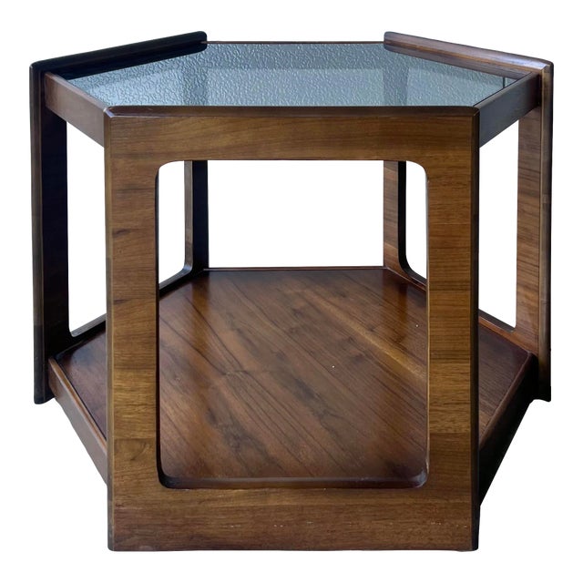 Mid Century Walnut Hexagonal Drum Side Table For Sale