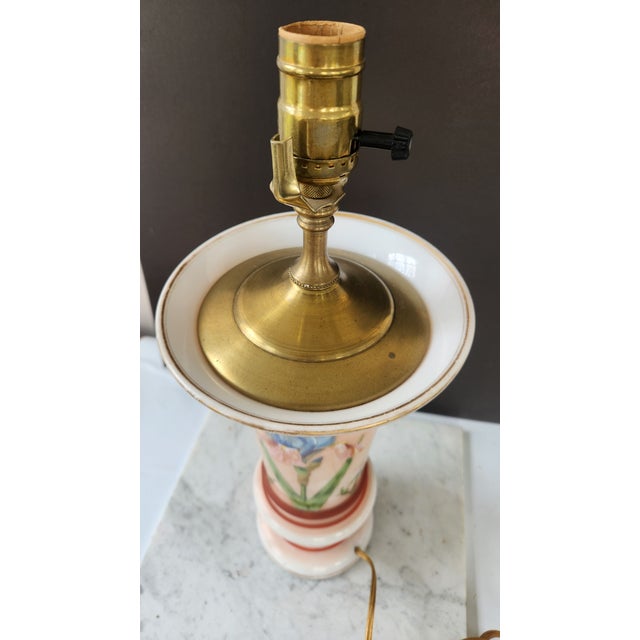 1940s Mid-Century Modern Hand-Painted Iris Satin Glass Table Lamp in Blush Pink With Brass Hardware For Sale - Image 16 of 17