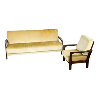 Vintage Scandinavian Velvet Convertible Sofa and Armchair, 1960s, Set of 2 For Sale