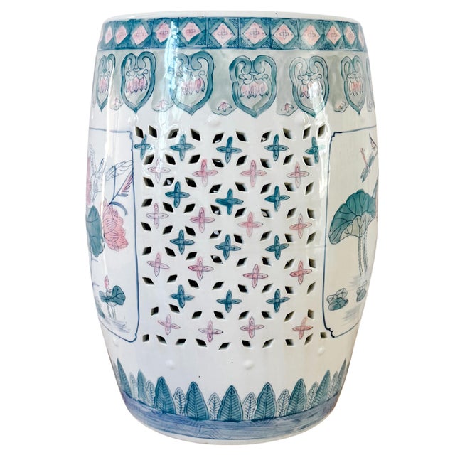 Vintage 1960 Century Chinese Ceramic Pink Lotus Garden Stool For Sale - Image 4 of 7