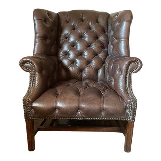 Large Scale Henredon Schoonbeck Cigar Leather Wingback Chair For Sale
