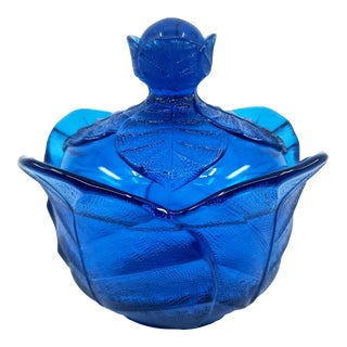 Mid 20th Century Vintage Viking Glass Cobalt Blue Cabbage Leaf Bowl With Lid For Sale