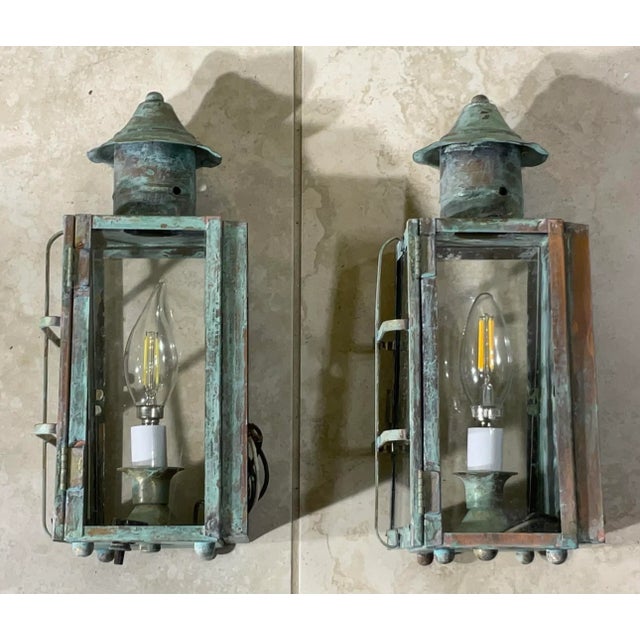 Metal Funky Vintage Pair of Solid Patinated Brass and Copper Wall Lanterns For Sale - Image 7 of 16
