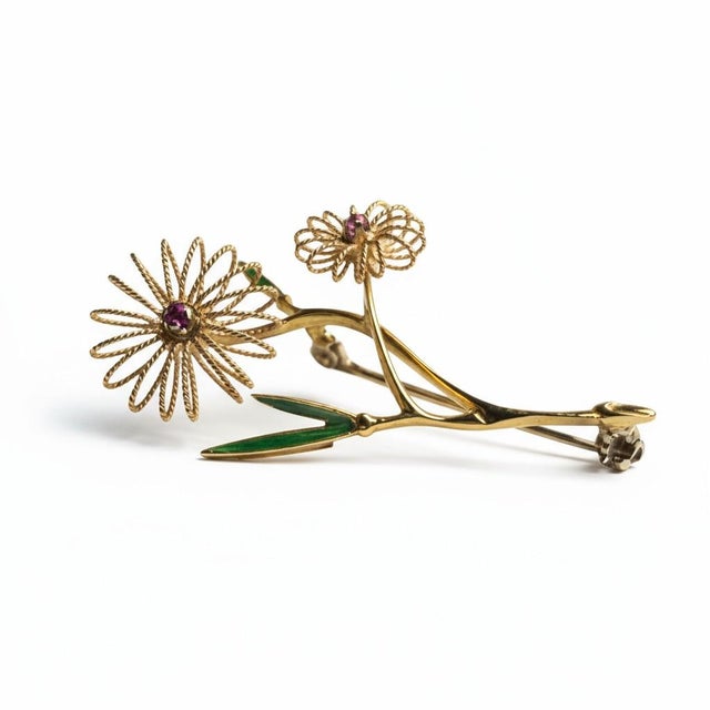 1970s 1970s 18k Yellow Gold Ruby and Enamel Floral Brooch Vintage Handcrafted Treasure For Sale - Image 5 of 9