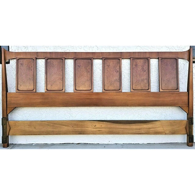 Vintage MCM Danish Modern King Size Winged Headboard With Burl Wood