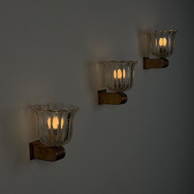 Metal Art Deco Tulip Glass Wall Sconces by Ercole Barovier, 1940s, Set of 3 For Sale - Image 7 of 18
