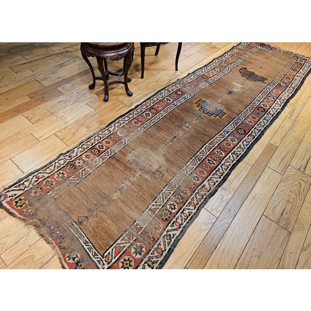 Persian Antique 19th C. Persian Kurdish Camelhair Runner Rug, Hand-Knotted Geometric Pattern, 4x12, Camelhair & Ivory For Sale - Image 3 of 15