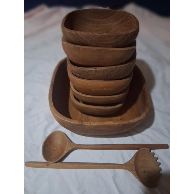 Mid-Century Modern 1960s Mid-Century Modern Teak Wood Salad Bowl Set - 9 pcs Hand Carved Thailand For Sale - Image 3 of 7