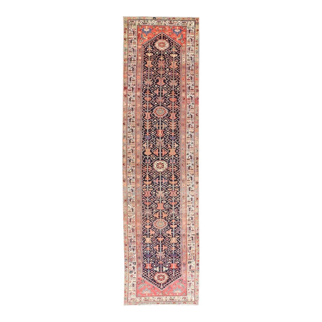 Antique Persian Malayer Runner With Sub-Geometric All-Over Design in Navy Color 3'1 X 12'9 For Sale