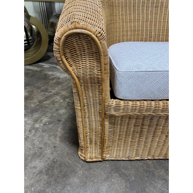 Vintage Boho Coastal Wicker Sofa Thibaut Performance Fabric For Sale - Image 10 of 11