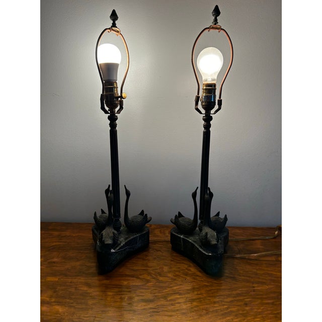 Theodore Alexander Vintage Pair of Bronze & Marble Swan Table Lamps For Sale - Image 10 of 12