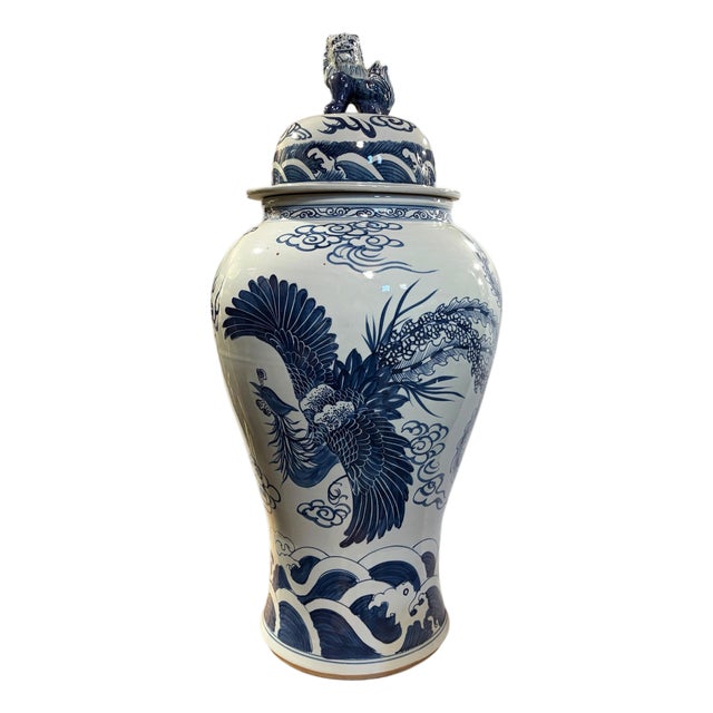 Vintage Large Chinoiserie Blue& White Porcelain Ginger Jar Dragon & Phoenix 36" H For Sale
