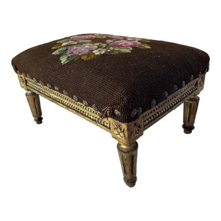 Early 20th Century Antique Carved Wood Needlepoint French Footstool For Sale