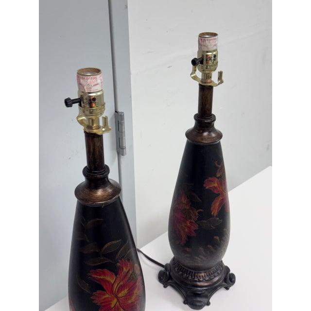 Chinoiserie Circa 1990's Chinoiserie Hand Painted Floral Table Lamps, Pair For Sale - Image 3 of 12