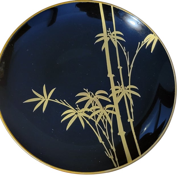 Wood Set of Six Vintage Black Maki-E Lacquer Art Kyoto Japan Decorative Plates Hand Painted Gold Botanical Floral Patterns For Sale - Image 7 of 18