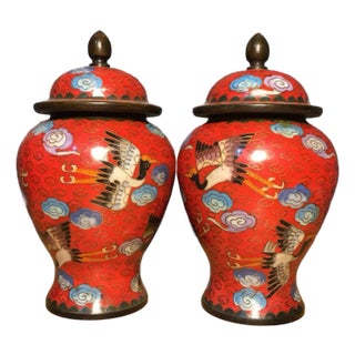 Pair of Vintage Chinese Cloisonné Red Ground "Crane & Clouds" Covered Jars - 2570g For Sale